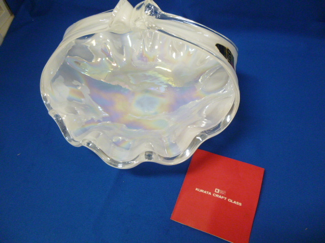 【T21097】未使用 クラタ クラフトグラス KURATA CRAFT GLASS パール調 ガラス 盛皿 インテリア 手付き 工芸ガラス 自宅保管品拍卖