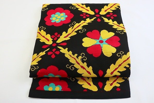 美品 アンティーク 名古屋帯 3m63cm 黒 大正ロマン レトロ お洒落 正絹 着物フィ 19399拍卖