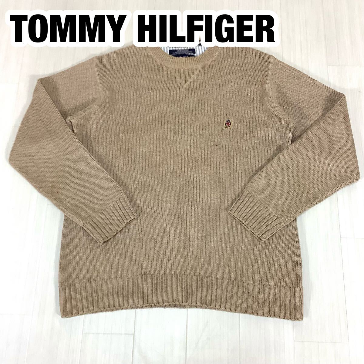 TOMMY HILFIGER トミーヒルフィガー コットンニット S ベージュ クルーネック 刺繍ロゴ拍卖
