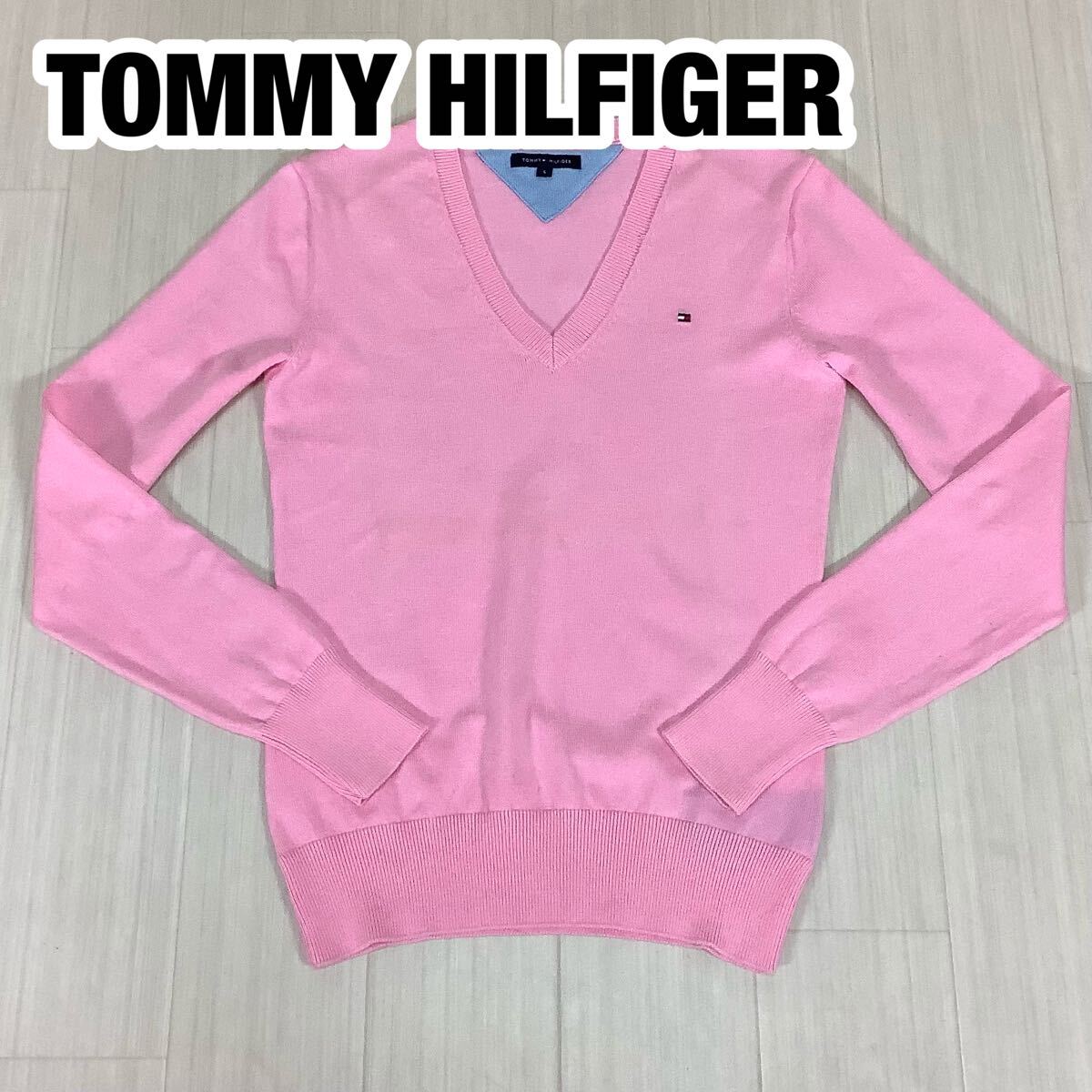 TOMMY HILFIGER トミーヒルフィガー Vネックニット ナイロン混コットン S ライトピンク 刺繍ロゴ ユニセックス拍卖