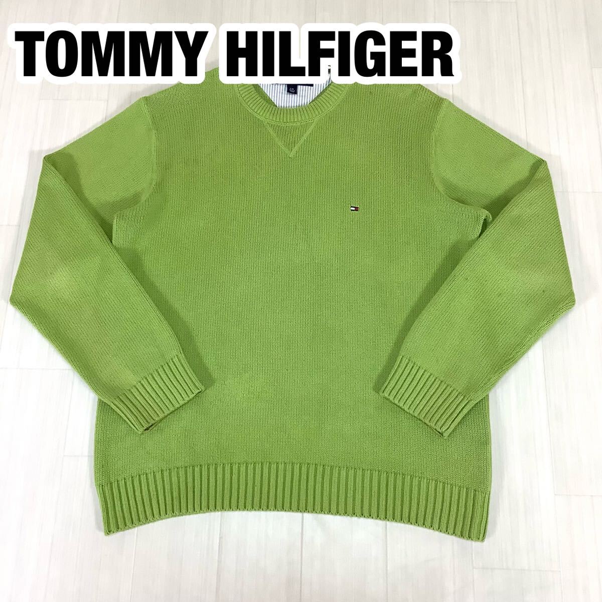 TOMMY HILFIGER トミーヒルフィガー コットンニット L ライトグリーン クルーネック ロゴ刺繍拍卖