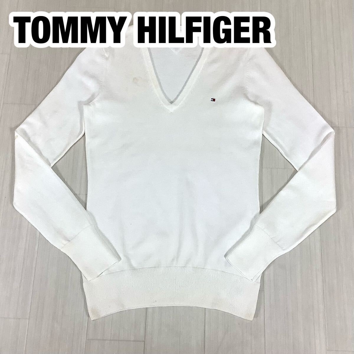 TOMMY HILFIGER トミーヒルフィガー Vネックニット S ホワイト 刺繍ロゴ拍卖