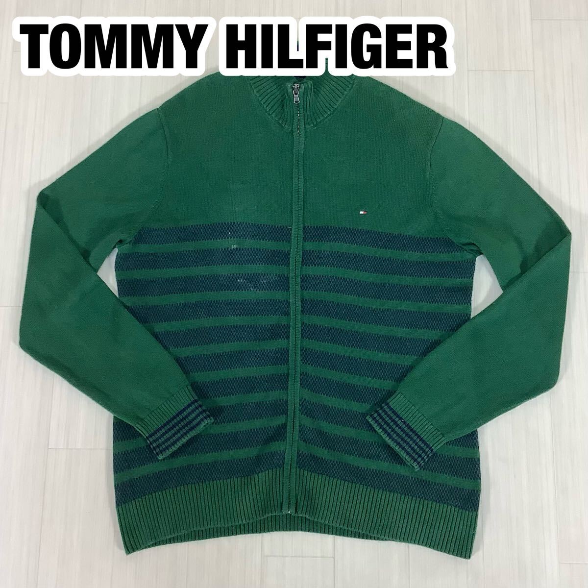 TOMMY HILFIGER トミーヒルフィガー ジップアップニット コットンニット XL ボーダー グリーン×ネイビー 刺繍ロゴ拍卖