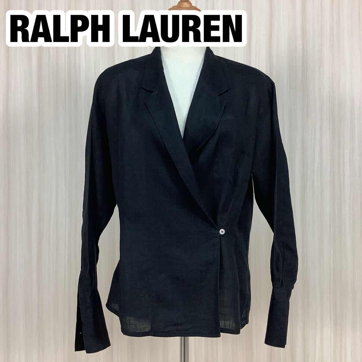 美品 RALPH LAUREN ラルフローレン リネン 麻 ジャケット レディース 9 ブラック 黒 肩パッド付拍卖