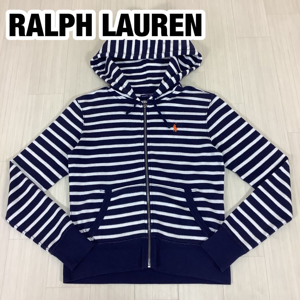 RALPH LAUREN ラルフローレン ジップアップ パーカー レディース M ボーダー ネイビー×ホワイト 刺繍ポニー 薄手生地拍卖