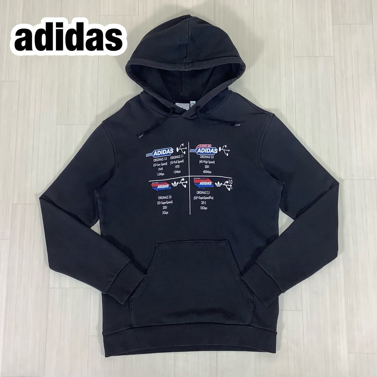 adidas Originals アディダスオリジナルス プルオーバーパーカー スウェットパーカー M ブラック 黒 ビッグプリント パイル裏地拍卖