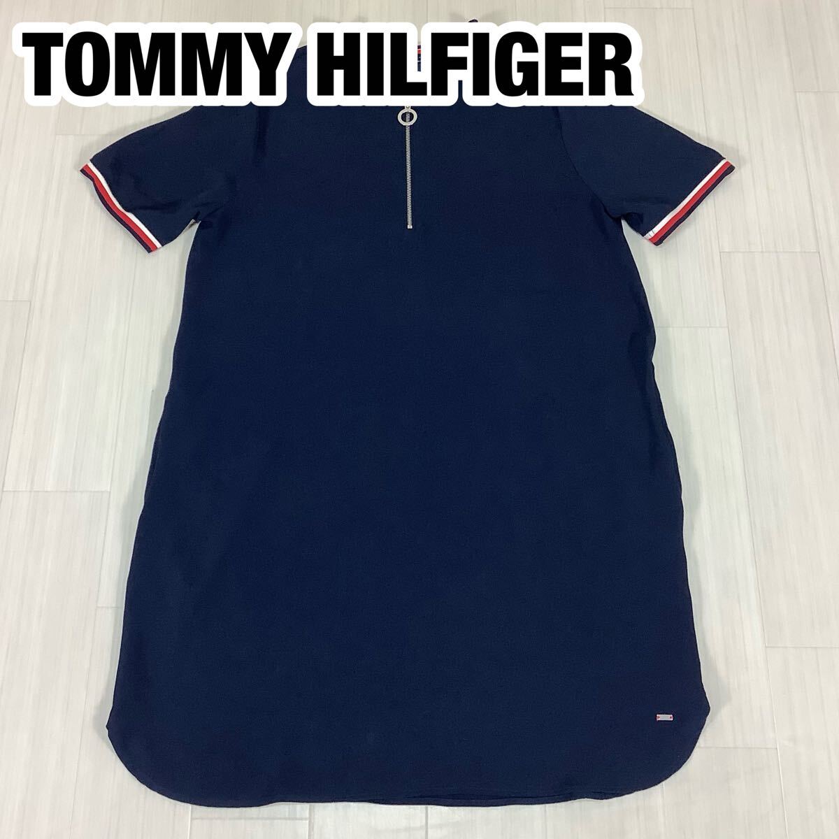 TOMMY HILFIGER トミーヒルフィガー 半袖 ワンピース M ハーフジップ ネイビー 濃紺 ツインライン拍卖