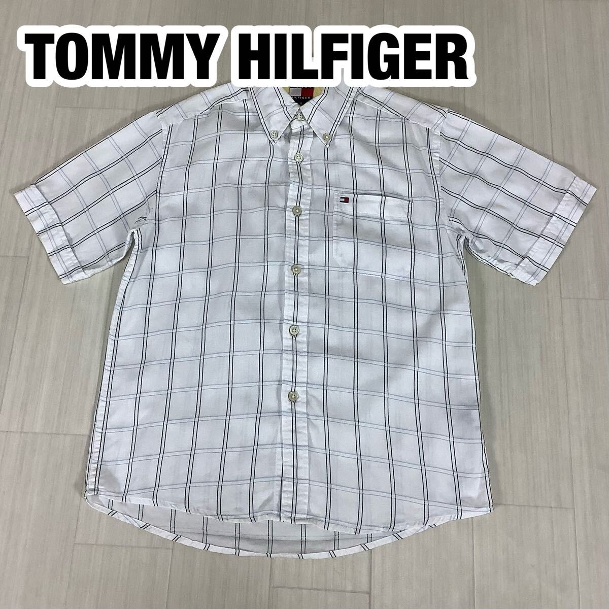 TOMMY HILFIGER トミーヒルフィガー 半袖シャツ レディース M チェック柄 ホワイト×ブラック×ブルー ボタンダウン 刺繍ロゴ 胸ポケット拍卖