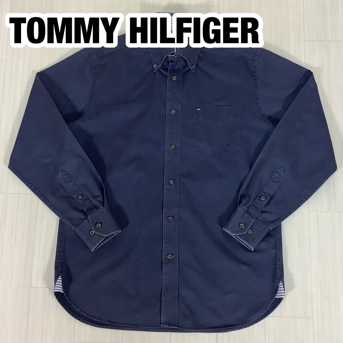TOMMY HILFIGER トミーヒルフィガー 長袖シャツ S ネイビー 濃紺 ボタンダウン 胸ポケット 刺繍ロゴ拍卖