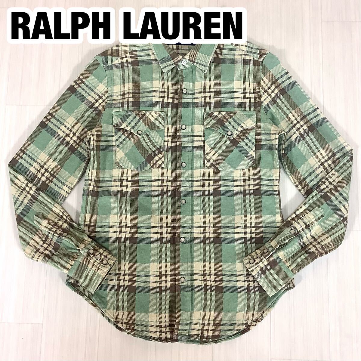RALPH LAUREN ラルフローレン 長袖 ネルシャツ ウエスタンシャツ サイズ6 マドラスチェック ジェイドグリーン×アイボリー拍卖