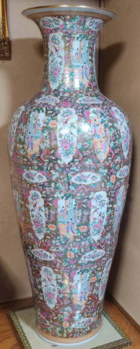 26)福島県南発 大清乾隆年製 155cm 特大 美人絵 花柄 花瓶 壺 置物 玄関 中国美術 アンティーク オブジェ 中古 手渡し 引取拍卖