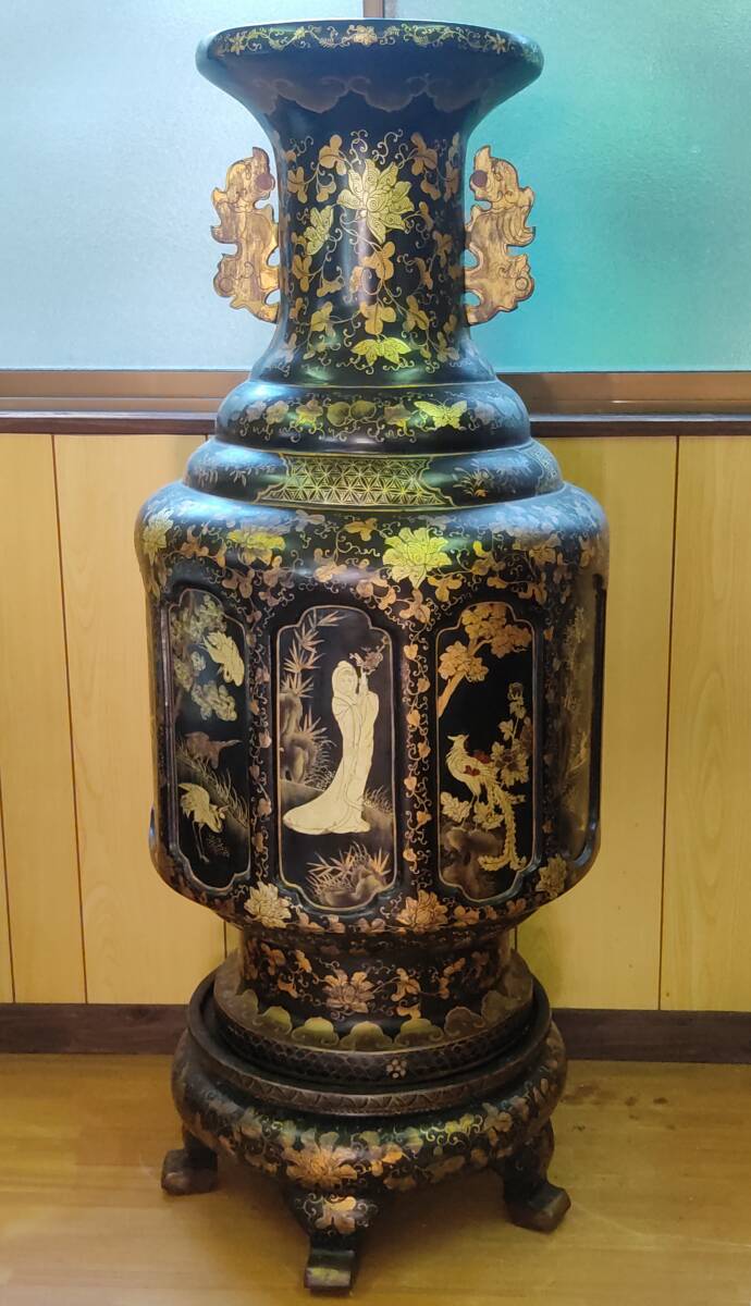 ⑭福島県南発 フランス 漆器 ポンタムッソン 博物館 133cm 特大 花瓶 壺 欧州 EU 骨董品 大型 漆塗 飾り 置物 中古 手渡し 引取 (送11270~拍卖