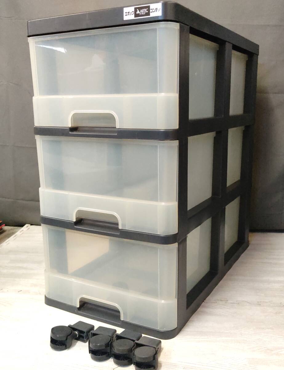 送料無料 奥67×高67×幅37 キャスター付 エポック コンテナ 3段 深型 ロングタイプ たっぷり収納 チェスト 引き出し 衣装ケース クリア ⑤拍卖