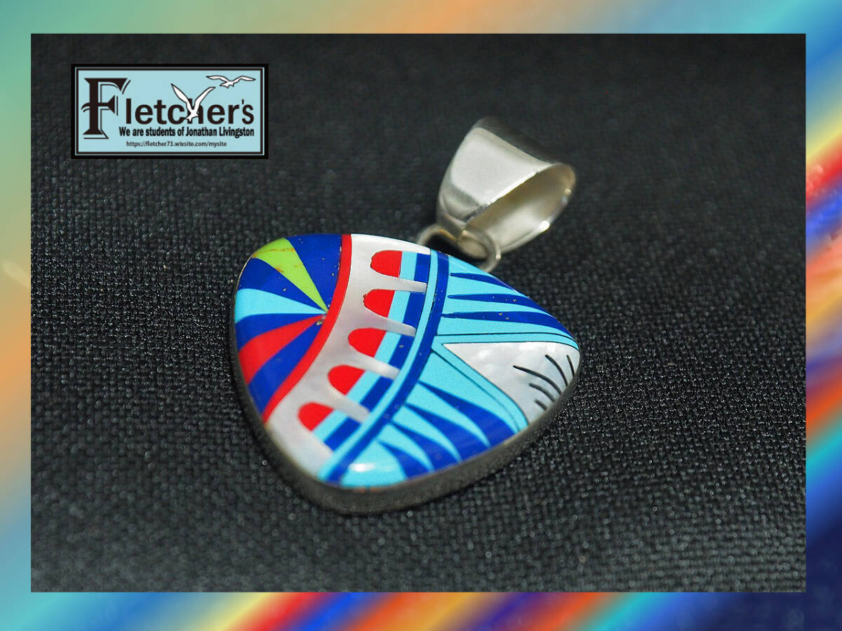 西海岸スタイル インディアンジュエリー ナバホ族作家作 マルチストーン&シルバー、モザイクペンダント ネイティブアクセサリーaa23拍卖