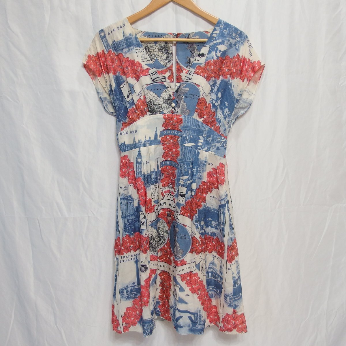 Paul Smith◆ポール・スミス イギリス柄 プリント フレンチスリーブ ミニワンピース(ブルー×レッド)サイズ40◆USED E拍卖