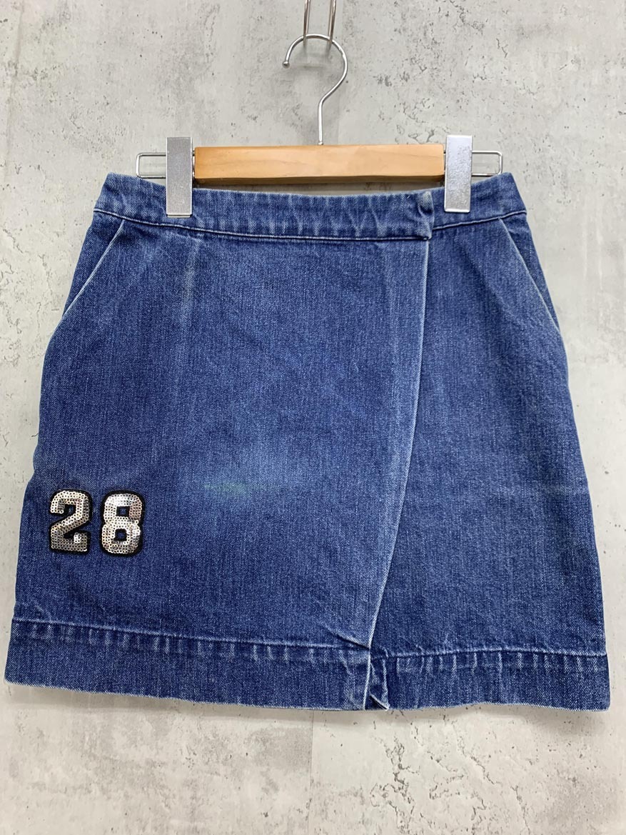 ゆうパケットOK Etre Cecile エトレ セシル ワッペン スパンコール 刺繍 巻き ラップ デニムスカート sizeXS/青 ■■ ☆ fca4 レディース拍卖