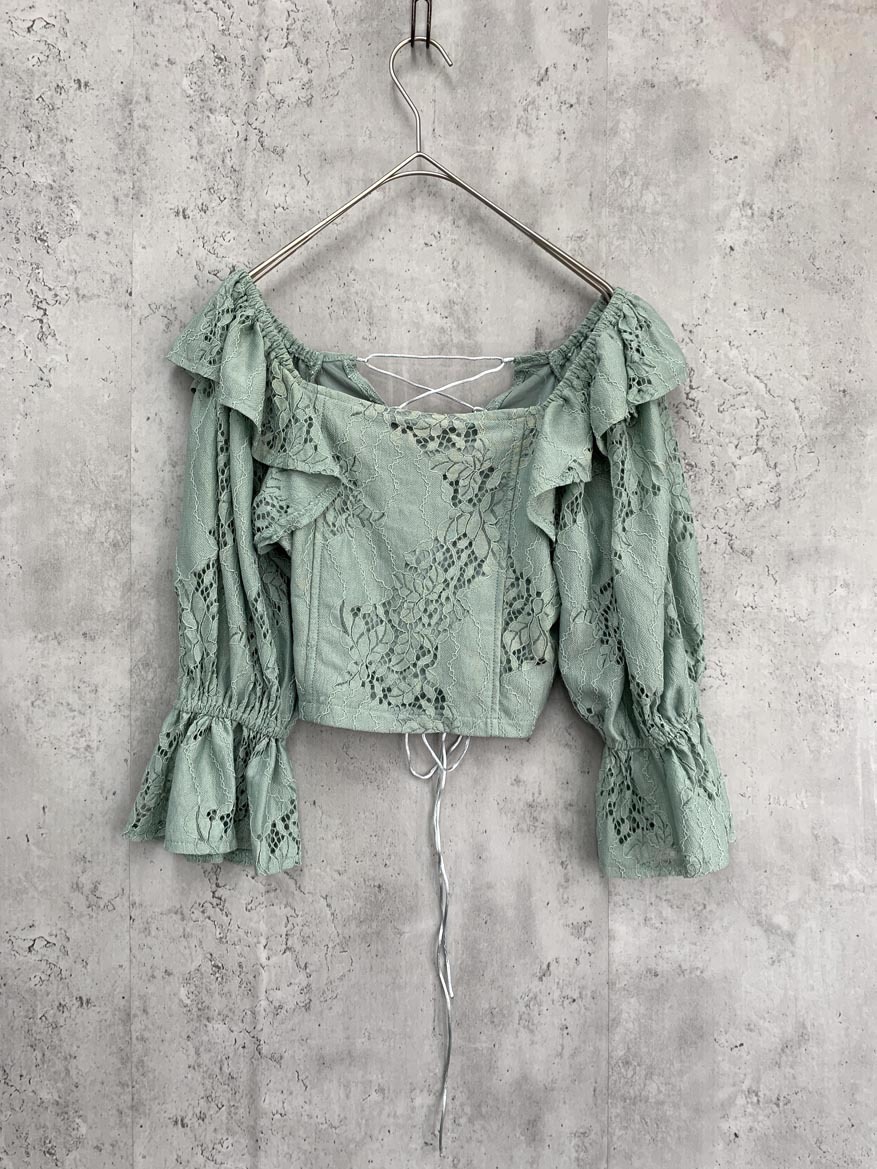 ゆうパケットOK who’s who Chico フーズフーチコ 7分袖 ショート丈 バックレースアップ レーストップス シャツ ミントグリーン ■◆拍卖