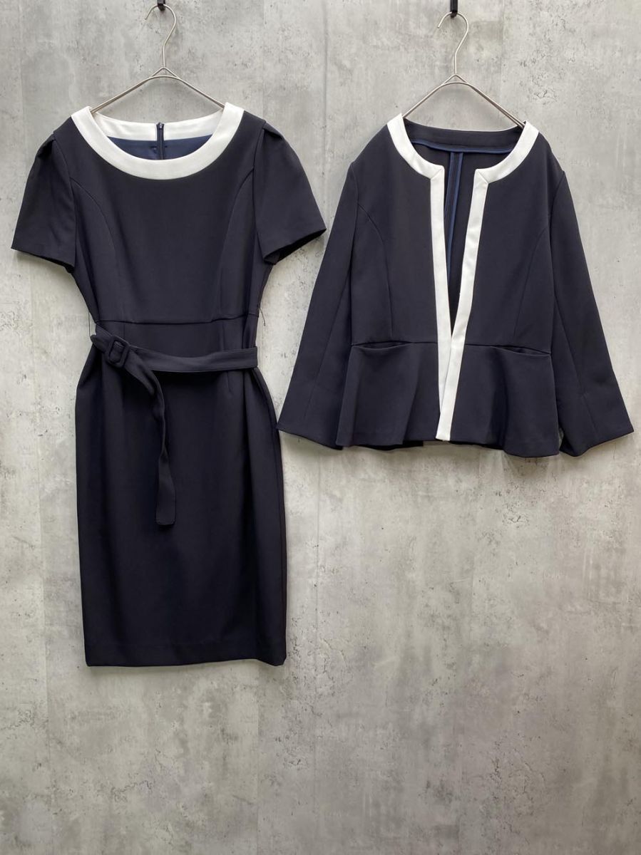 RUIRUE BOUTIQUE ルイルエブティック バイカラー 2点 セットアップ フォーマル ノーカラージャケット ワンピース sizeM/濃紺 ■◆拍卖