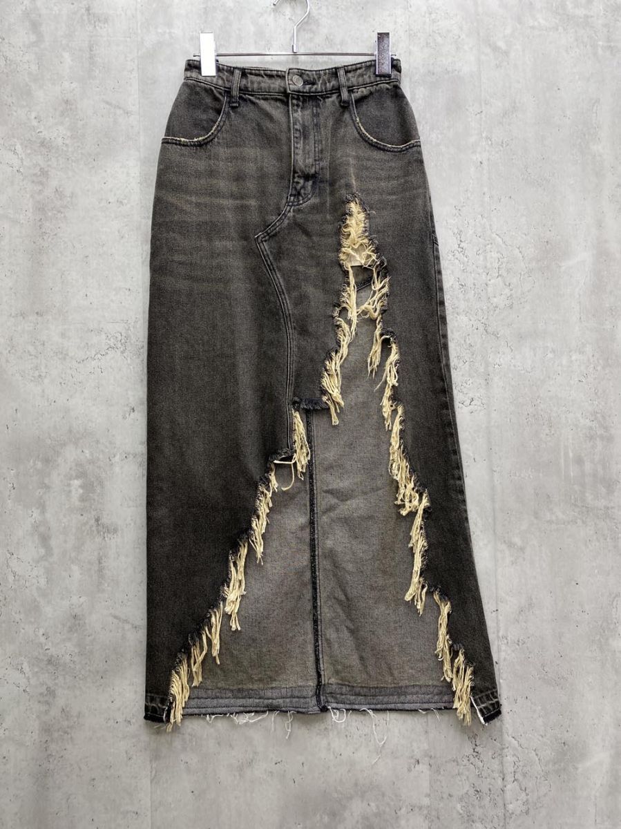ゆうパケットOK ACLENT アクレント ASK022 【希少カラー】 ヴィンテージ フリンジ デニム スカート ロング ダメージ sizeS/黒 ■■◎拍卖