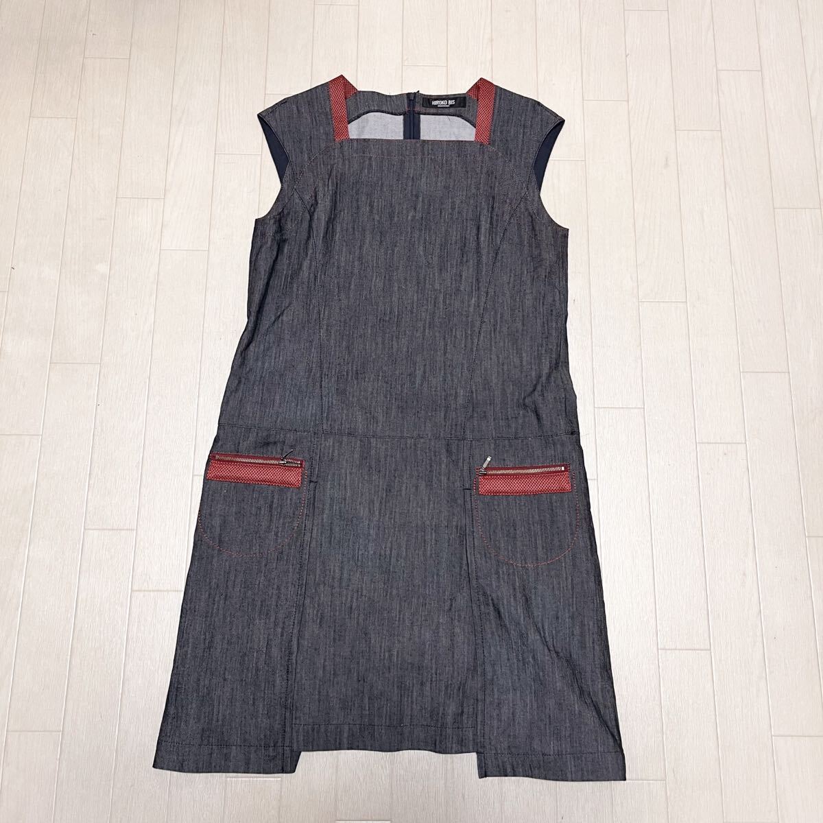 和752★ HIROKO BIS ヒロコビス ヒロココシノ ノースリーブ ワンピース シャンブレー 9 ネイビー グレー レディース拍卖