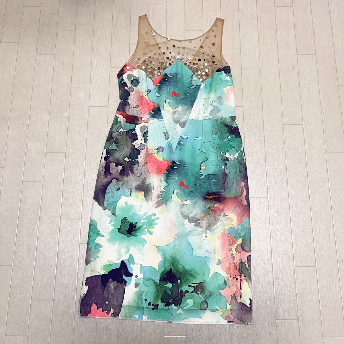 和755★① PIANURA STUDIO ピアヌラストゥーディオ ノースリーブ ロングワンピース 総柄 シアー オケージョン ドレス 46 レディース拍卖