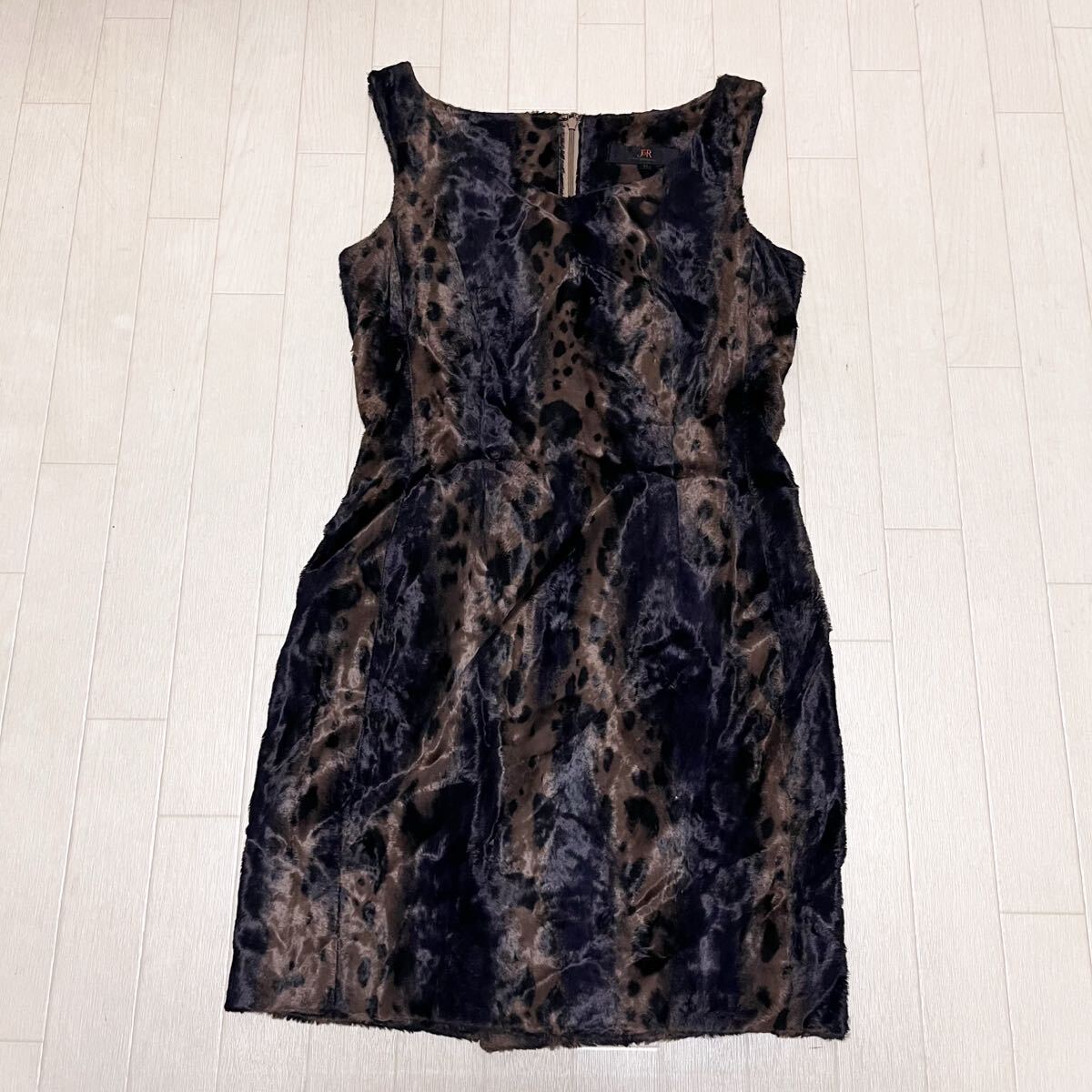 和755★ J&R ジェイ&アール タンクトップワンピース タイトワンピース レオパード 日本製 M ブラウン ネイビー レディース拍卖