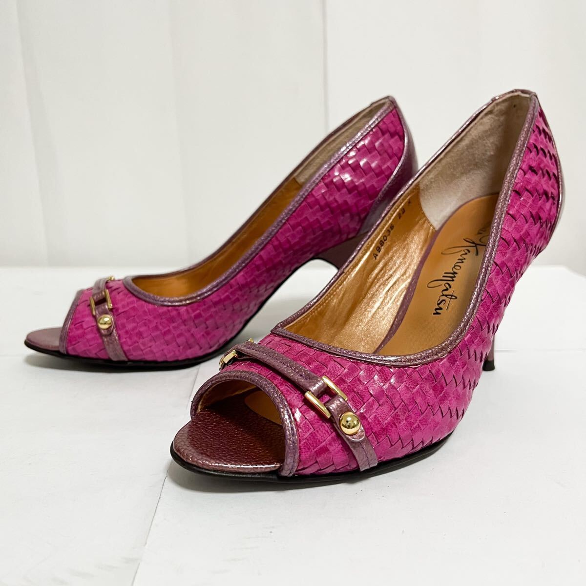 和758★① GINZA kanematsu 銀座かねまつ パンプス ヒール レザー 編み込み シューズ 22 D ピンク パープル レディース オープントゥ拍卖