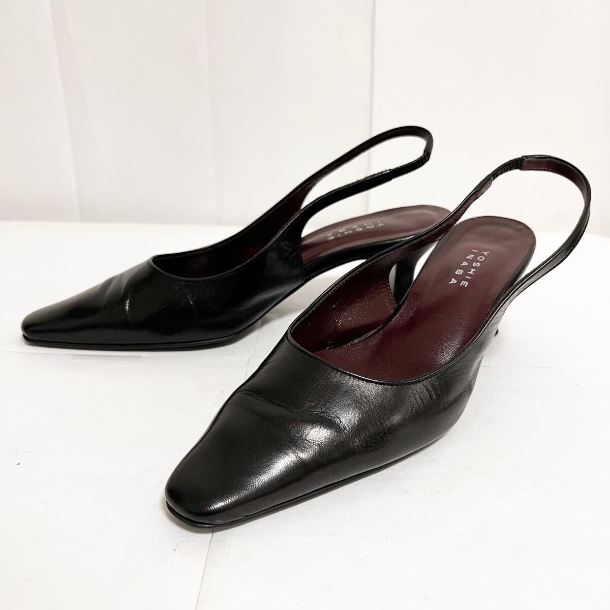 和760★ YOSHIE INABA ヨシエイナバ レザー パンプス ミュール ストラップ ヒール シューズ 日本製 22.5 ブラック レディース拍卖