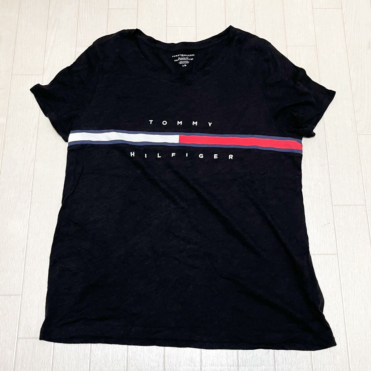 和762★ TOMMY HILFIGER トミーヒルフィガー 半袖 ロゴ刺繍 Tシャツ メッシュ切替 L ブラック レディース RELAXED FIT拍卖