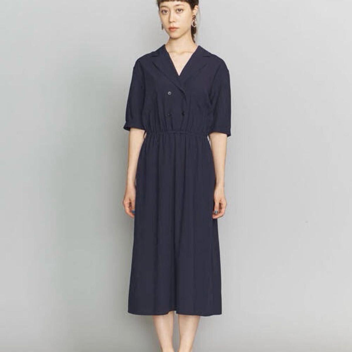 和762★ BEAUTY&YOUTH UNITED ARROWS ビューティ&ユース ダブルブレステッドマキシシャツワンピース 半袖 ロングワンピース ネイビー拍卖
