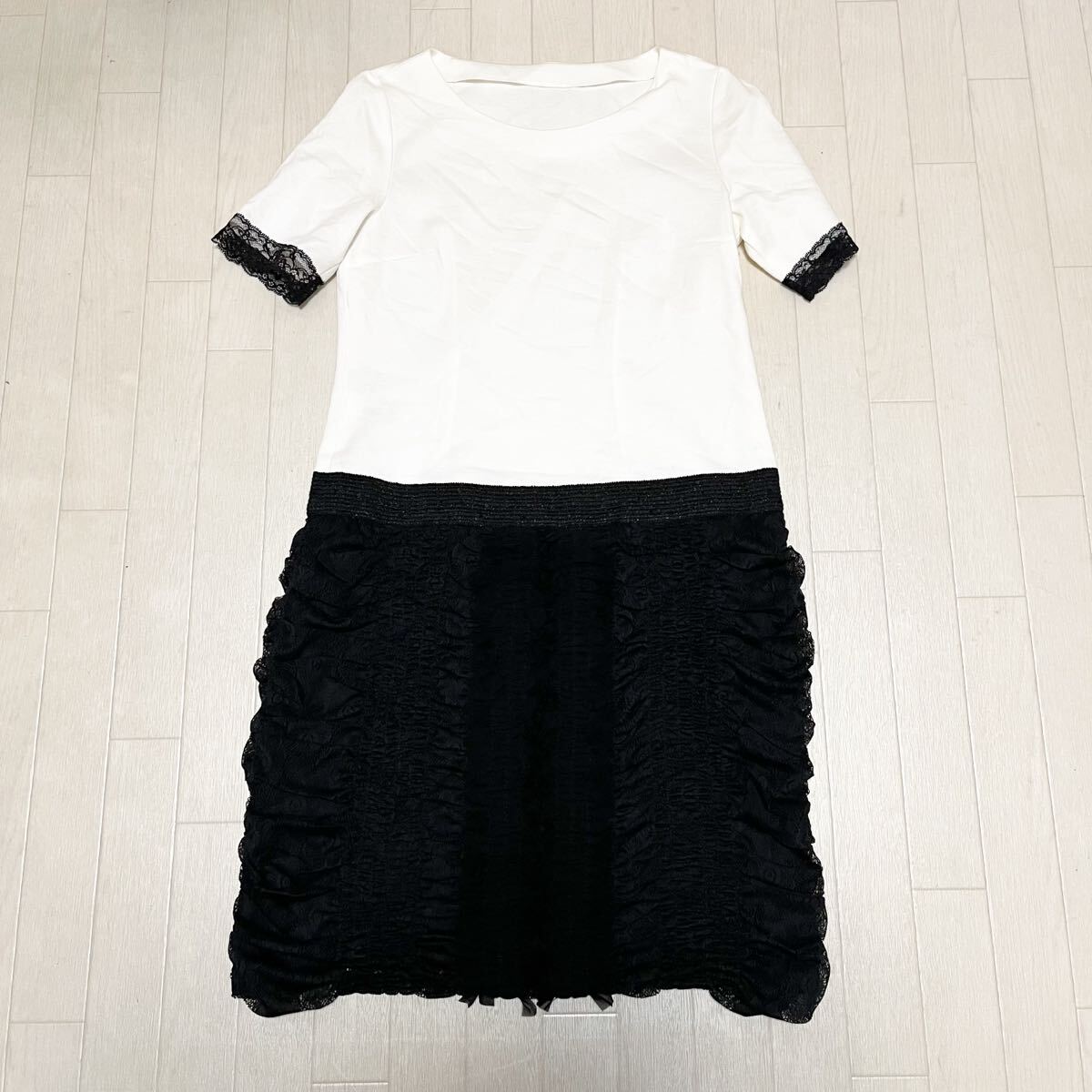 和764★④ Leilian レリアン 半袖 切替 ワンピース レース スパンコール フリル 9 ホワイト ブラック レディース拍卖