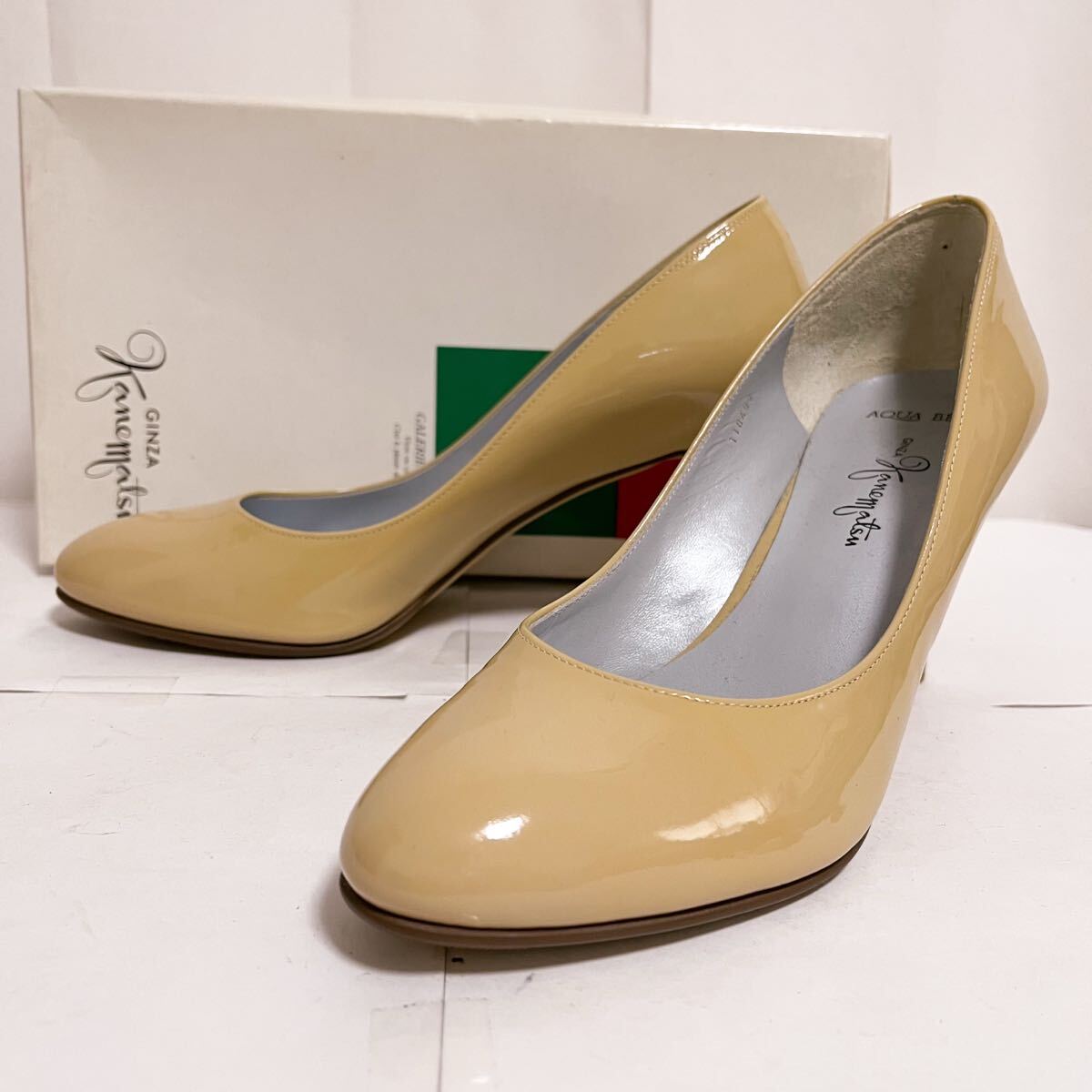 和766★④ 箱付き GINZA Kanematsu 銀座かねまつ パンプス ヒール エナメル パテントレザー 日本製 23.5 D ベージュ レディース拍卖