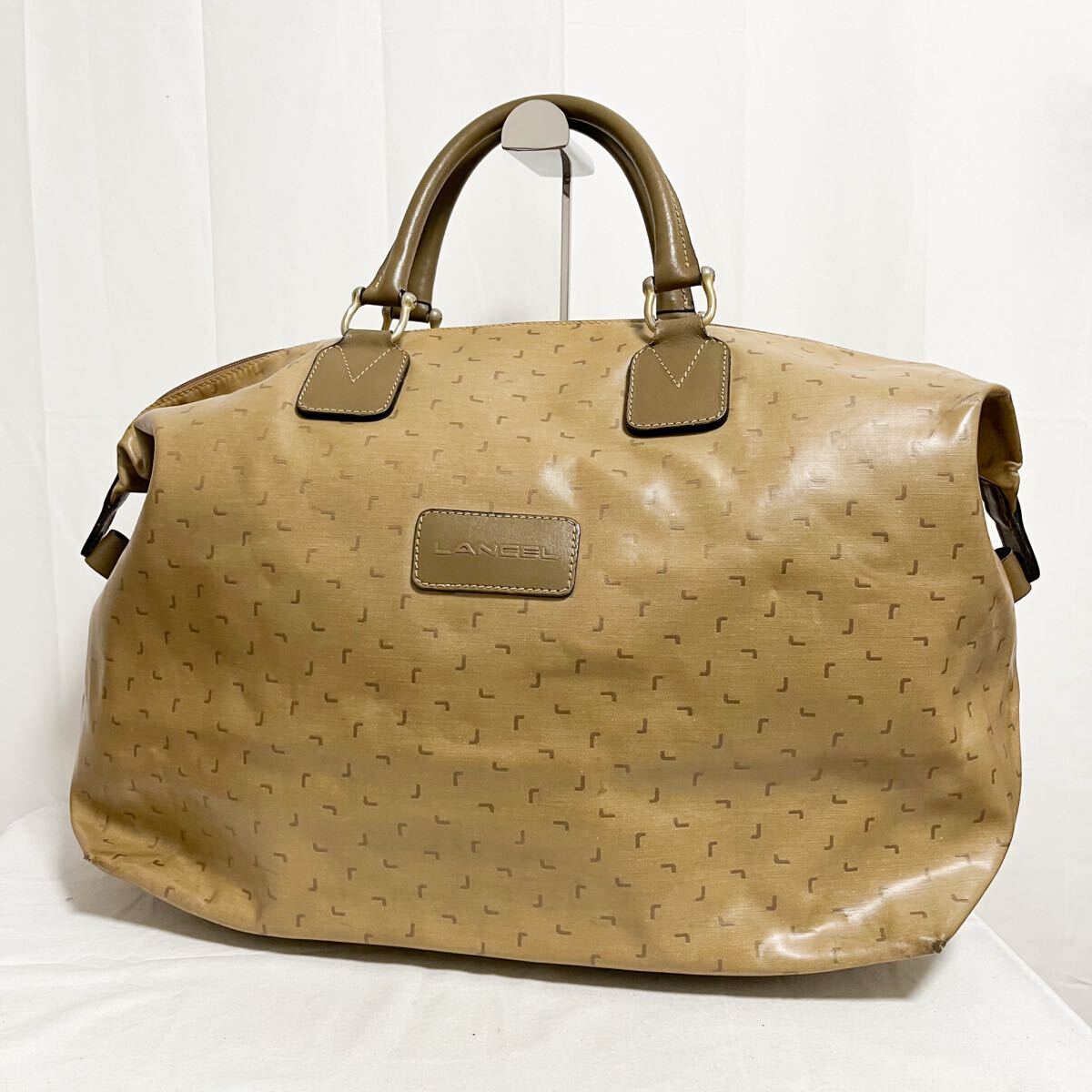 和776★ LANCEL ランセル ビッグ ボストンバッグ トラベルバッグ ロゴ柄 総柄 ベージュ レディース メンズ拍卖