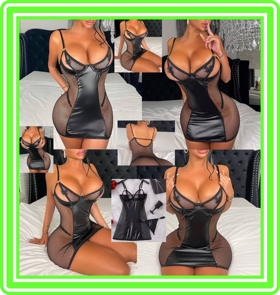 ★超素敵★フェイクレザー&フィッシュネット★アンダーワイヤー★ボディコン★ミニスカ★Tバック★大人可愛いくSexy★K161拍卖