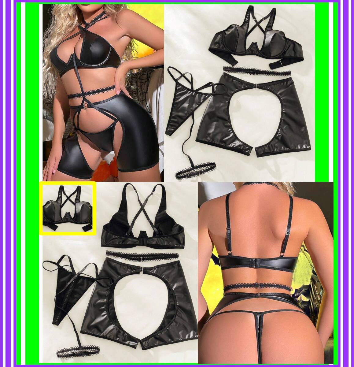 ★超素敵★フェイクレザー調★ガーターランジェリーセット★アンダーワイヤー★柔らか★レッグリング超Sexy★R173拍卖