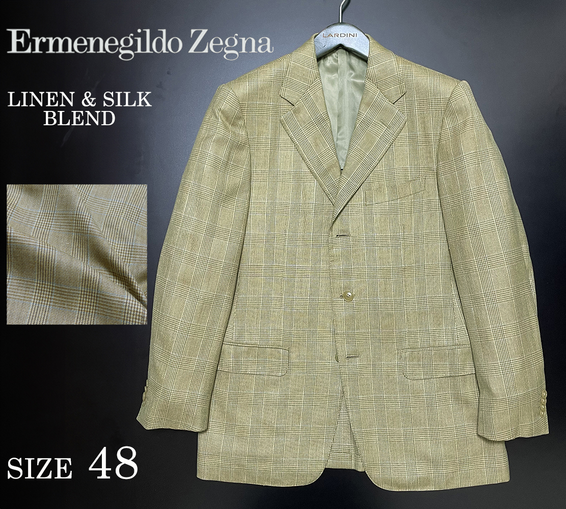 定価20万円 イタリア製 エルメネジルドゼニア【Ermenegildo Zegna】黒タグ シルク×リネン混ウール 3B テーラードジャケット 48 Drop7 春夏拍卖
