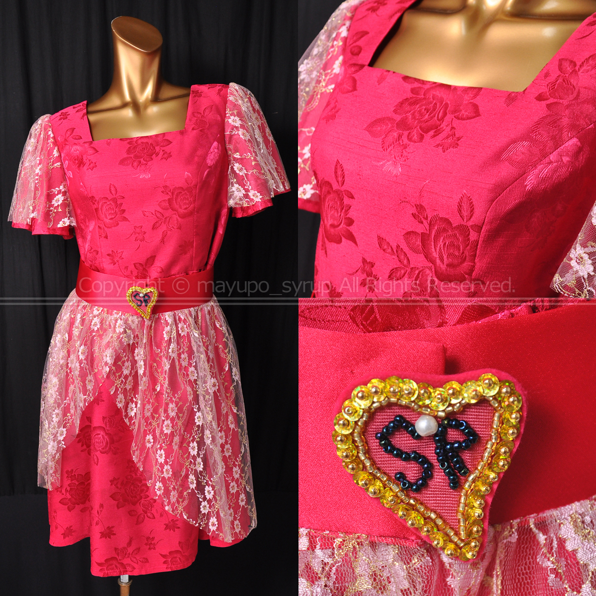 C1855-02★【本物】 アラフォーアイドルサムライローズ公式衣装 レース袖ジャガード調生地ドレス チェリーピンク ブローチ付 cream製 M拍卖