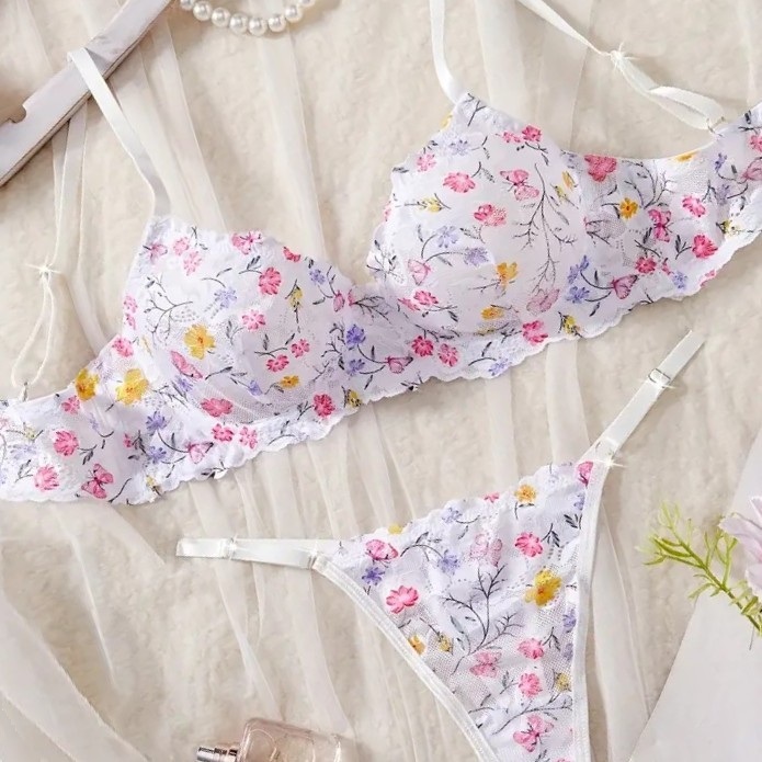 【新品】Lサイズ ワイヤー入り ストレッチレース ブラジャー&Tバックショーツセット★193.白地ピンク花柄プリント D80,B85,C85拍卖