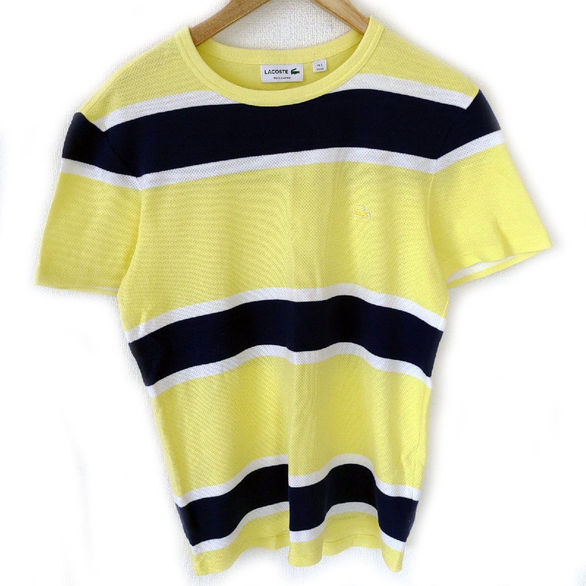 (^w^)b LACOSTE ラコステ 半袖 プルオーバー 丸首 メッシュ ボーダー Tシャツ カットソー トップス スポーツ ストリート 黄 紺 XS O13527DD拍卖