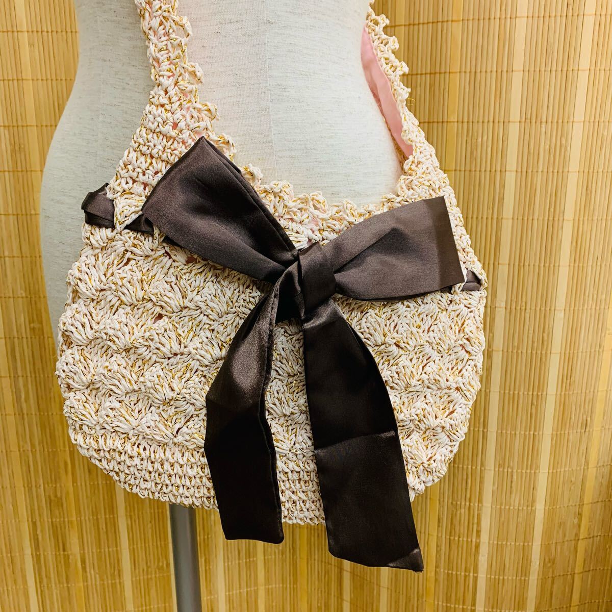 ペーパー素材 ニット ショルダー ピンク 夏 リボン付き 未使用拍卖