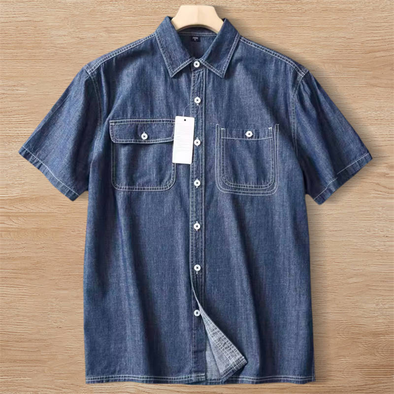 W1713-2XL ダークブルー 新品 綿100% デニム 半袖シャツ メンズ 柔らかい 吸汗速乾 通気 折り襟 通勤 薄手 夏 デニムシャツ 盛夏 シャツ拍卖