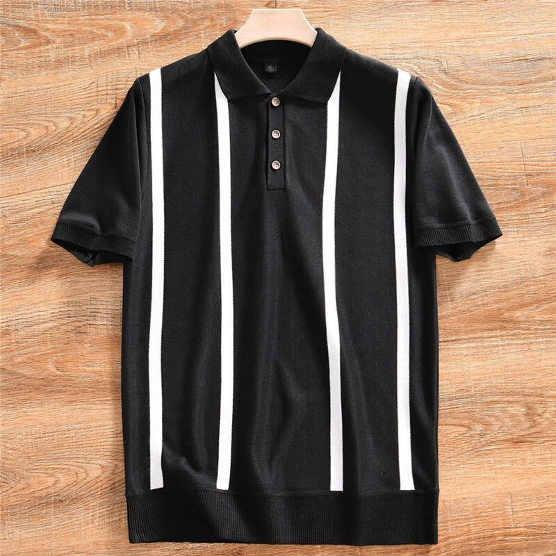 W1729-XL 黒色 新品 イタリアン サマーニット 半袖 ポロシャツ メンズ ゴルフ ストライプ メンズ 洗濯可 盛夏 カットソー ポロ襟Tシャツ拍卖