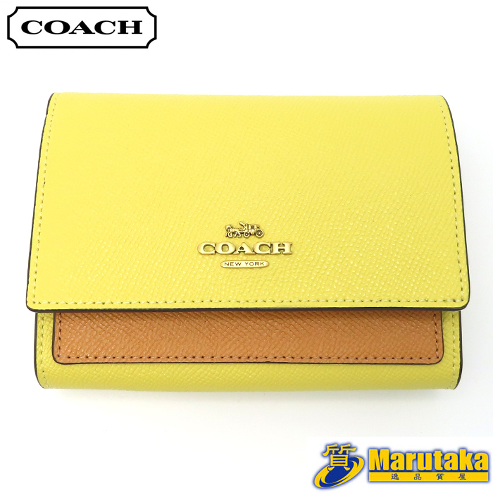 【コーチ】財布 2つ折り レザー コンパクト ミニ ウォレット レディース 黄色 イエロー かわいい COACH 中古 23-55-1拍卖