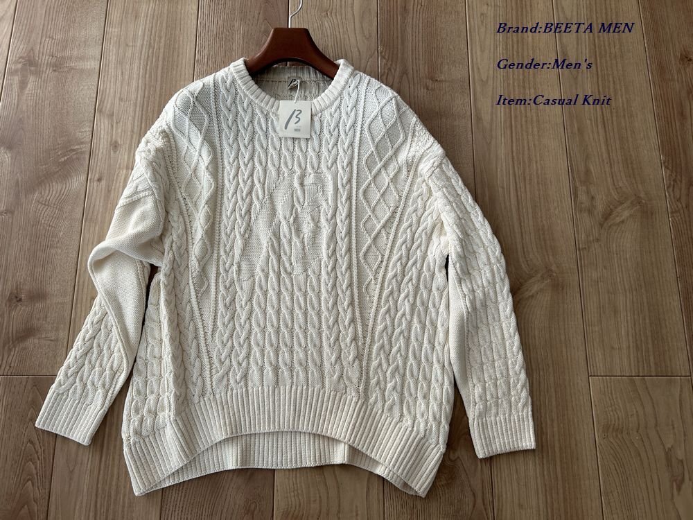 新品サンプル COMME CA BEETA MEN ベータメン 日本製 βロゴ マルチケーブルニット 02ホワイト Lサイズ 27KE06 定価36,300円拍卖