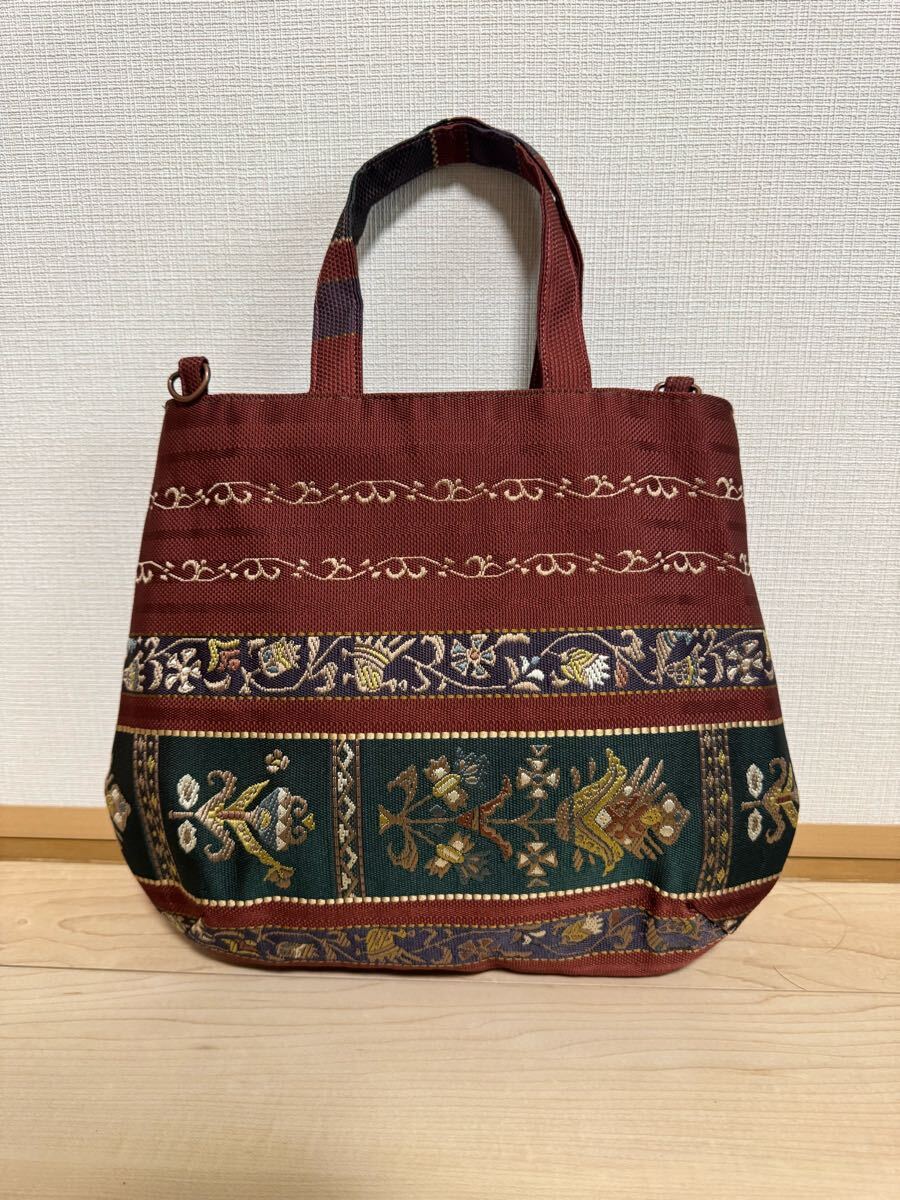 手提げトートショルダー2wayバッグ 帯リメイク 丸型 大きめ ポケット付き ハンドメイド 一点物拍卖