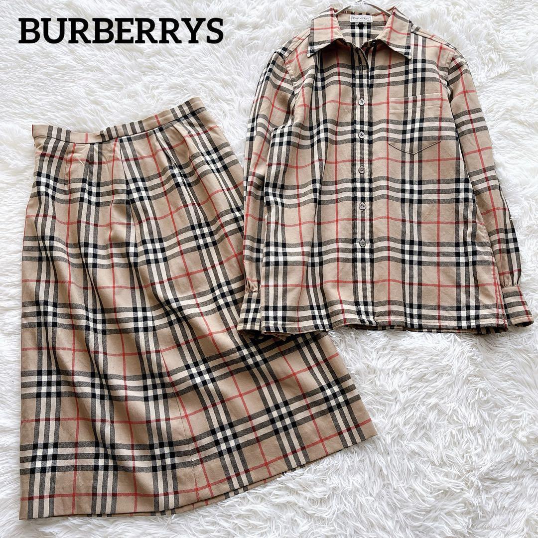 Burberrys バーバリーズ ノバチェック セットアップ シャツ 膝下スカート ミモレ丈 Mサイズ Lサイズ ベージュ 長袖 ウール 上下セット拍卖