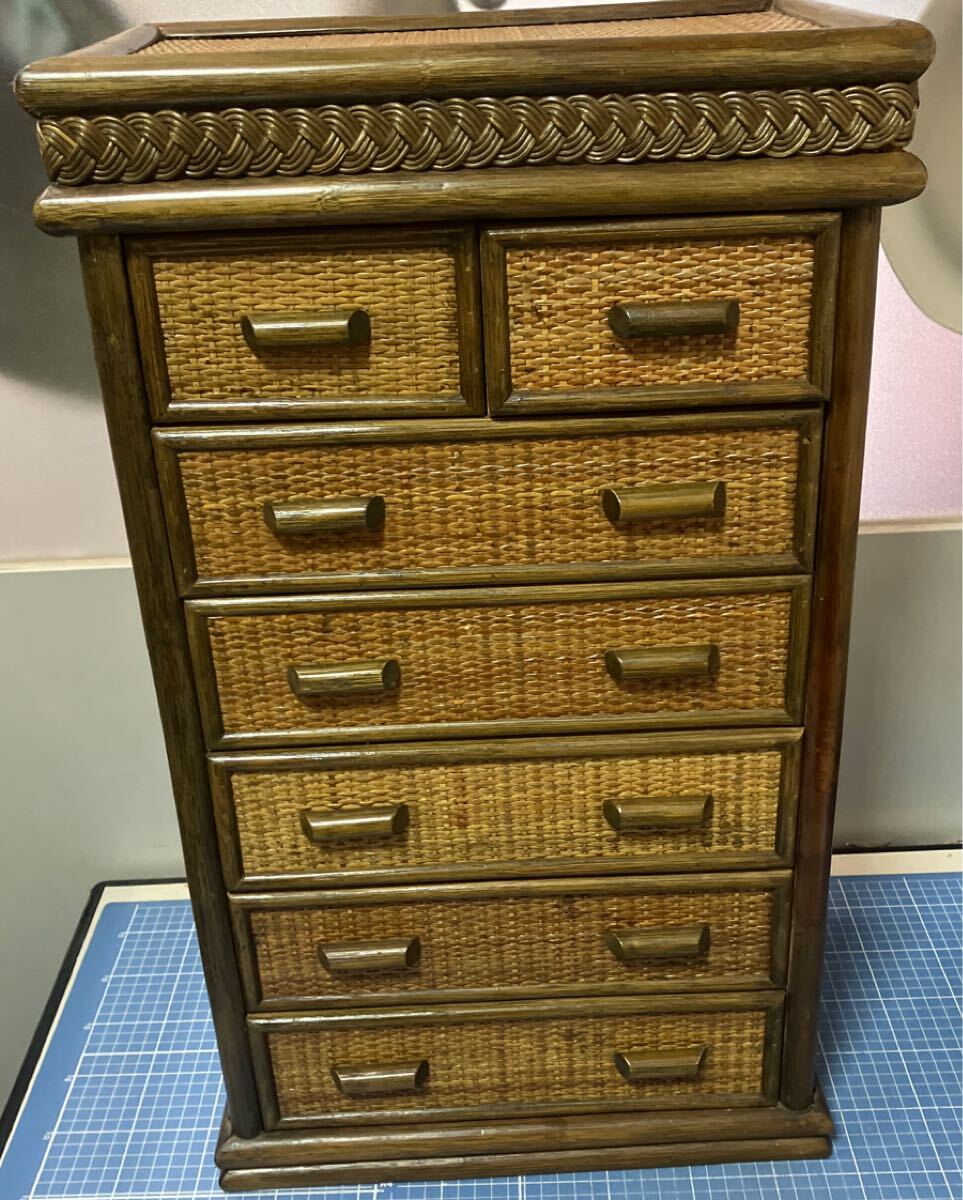 【ラタンチェスト 木製 小物入れ 小引き出し】昭和レトロ 収納 アンティーク 引き出し インテリア 和風【A9-4】0612+-拍卖