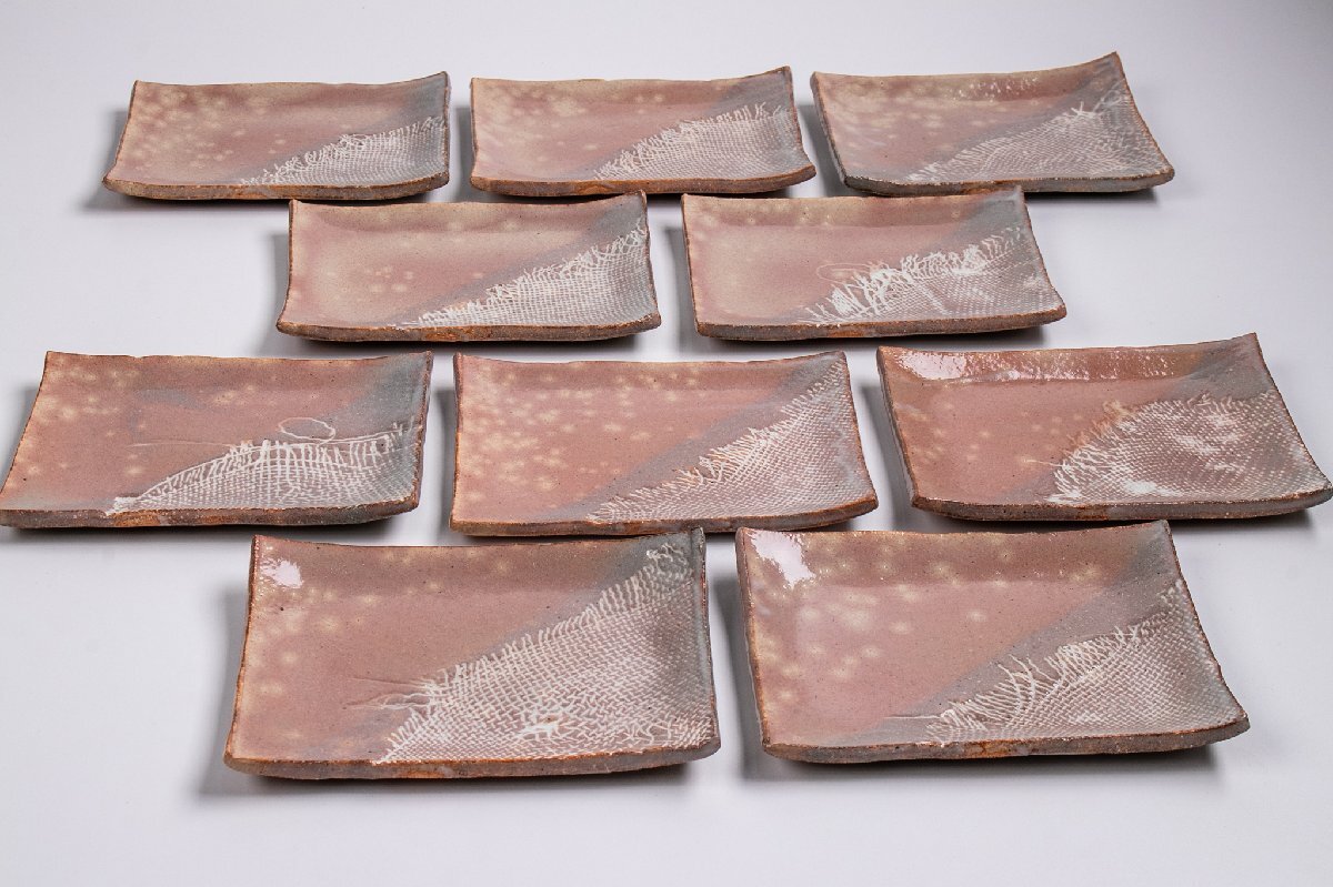 【うつわ】 遠州七窯 朝日豊斎 角皿 10客 共箱 E2030B 古美術 骨董 古玩 唐物 茶道具 菓子皿 懐石 日本料理 料亭拍卖