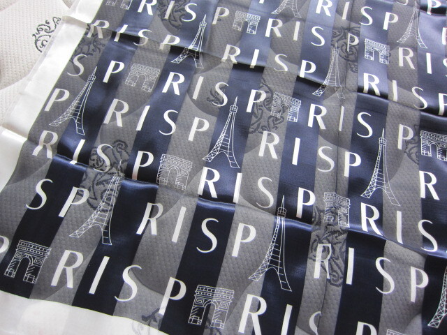綺麗め PARIS ロゴ エッフェル塔 凱旋門柄 スカーフ 美品 ストール 縦 横 約100cm ネイビー グレー上品 レア拍卖