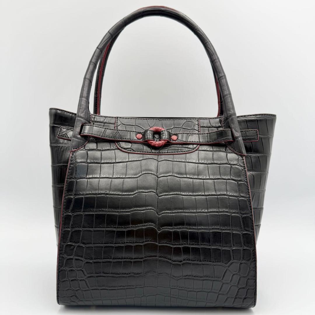 未使用級 マットクロコダイル ハンドバッグ ブラック レッド 本革 リアルレザー ワニ革 エキゾチック センター取り拍卖